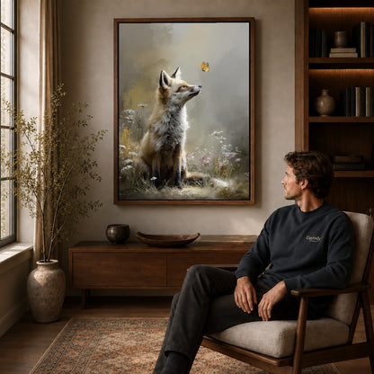 fox and butterfly canvas art in a walnut frame above a console beside a seated man.