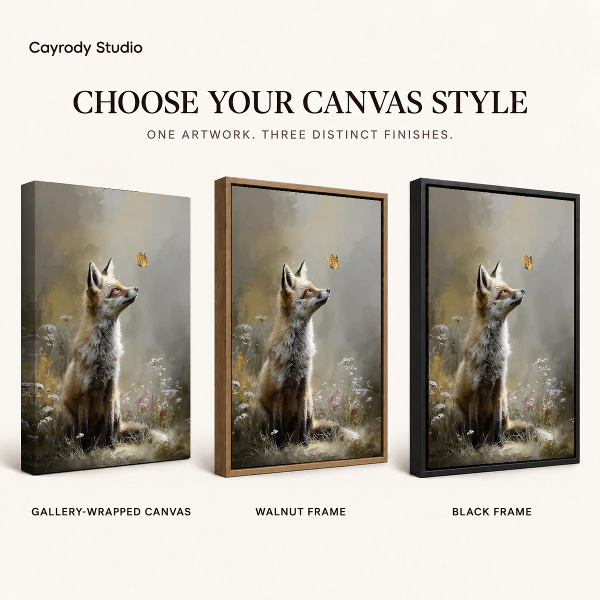 fox and butterfly canvas art compared across gallery-wrapped canvas, walnut frame, and black frame finishes.