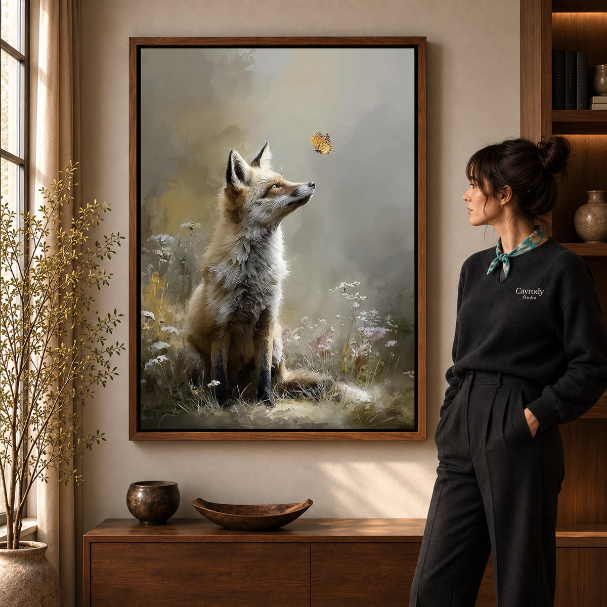 fox and butterfly canvas art shown in the walnut frame option within a warm living room.