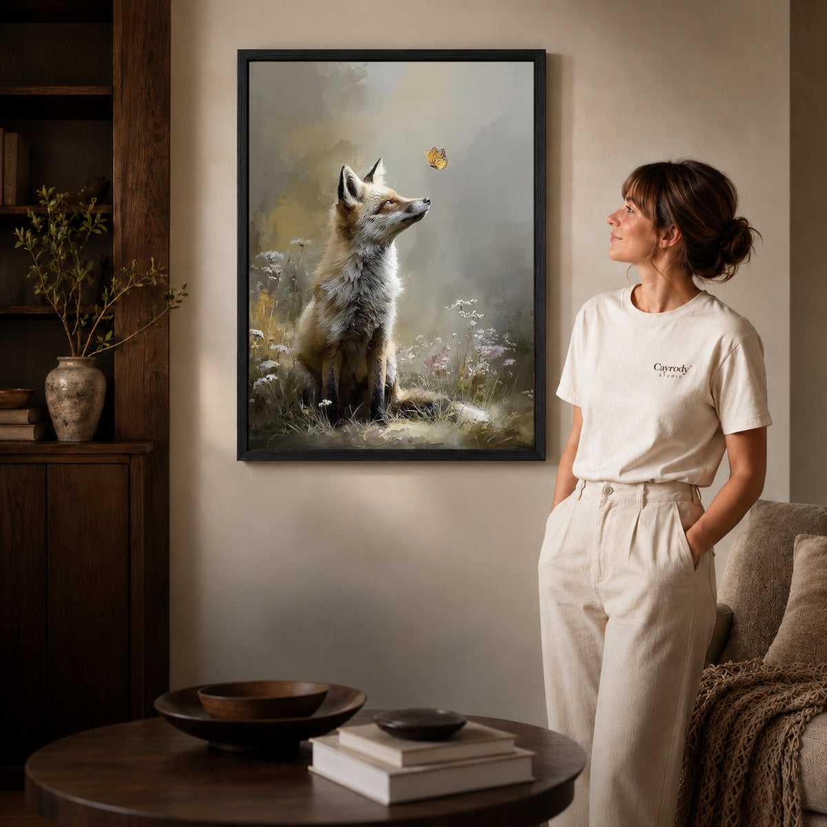 fox and butterfly canvas art shown in the black frame option against a softly lit wall.