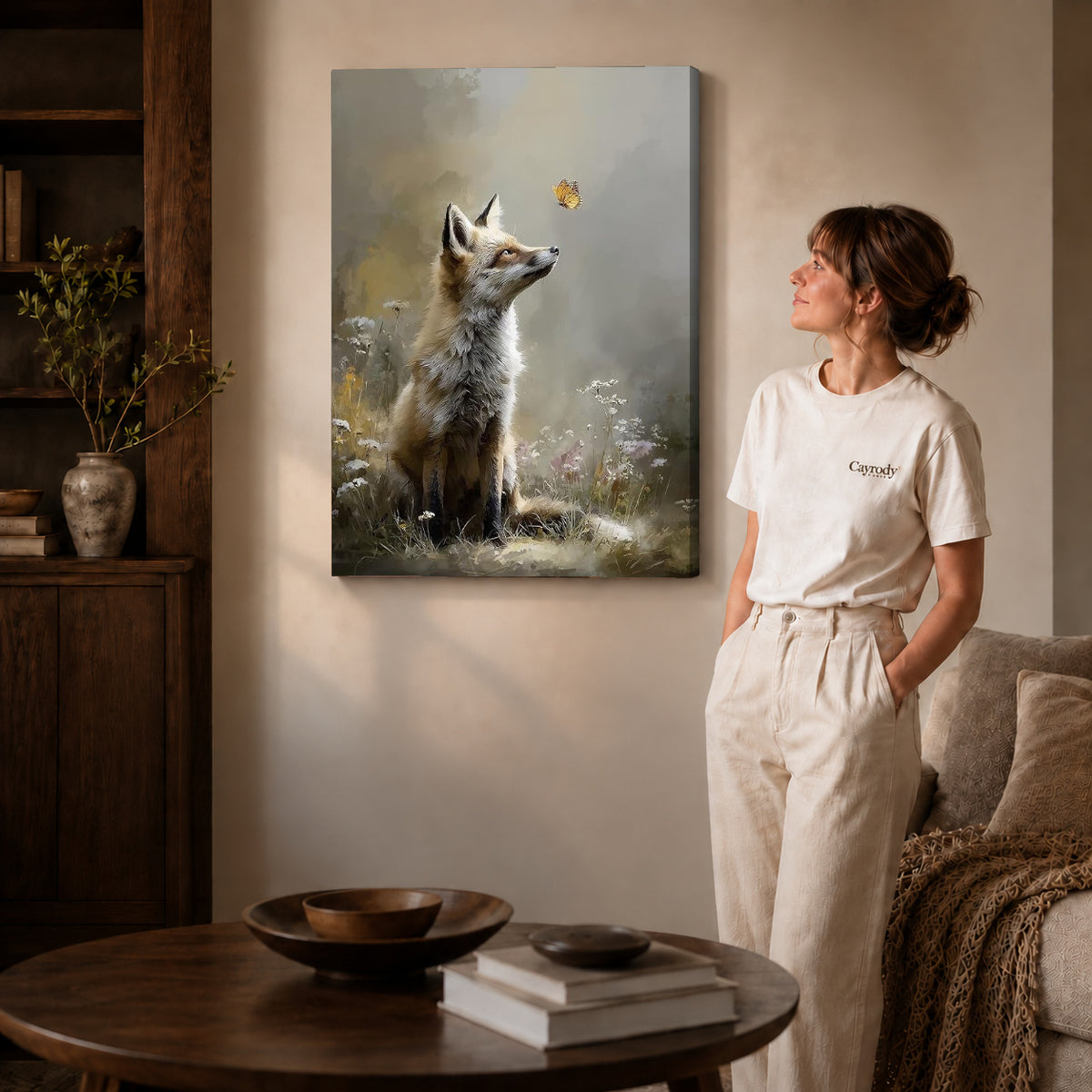 fox and butterfly canvas art shown in the gallery-wrapped option with visible depth and warm surroundings.