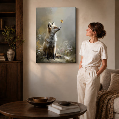 fox and butterfly canvas art shown in the gallery-wrapped option with visible depth and warm surroundings.