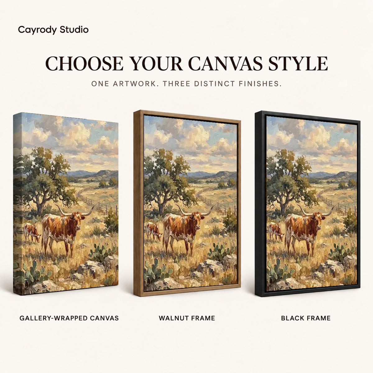 golden longhorn pasture canvas art compared across gallery-wrapped canvas, walnut frame, and black frame finishes.