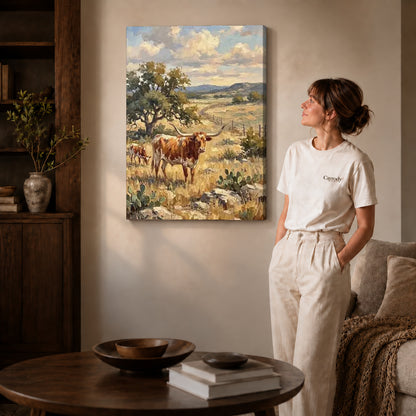 golden longhorn pasture canvas art shown in the gallery-wrapped option with visible depth and warm surroundings.