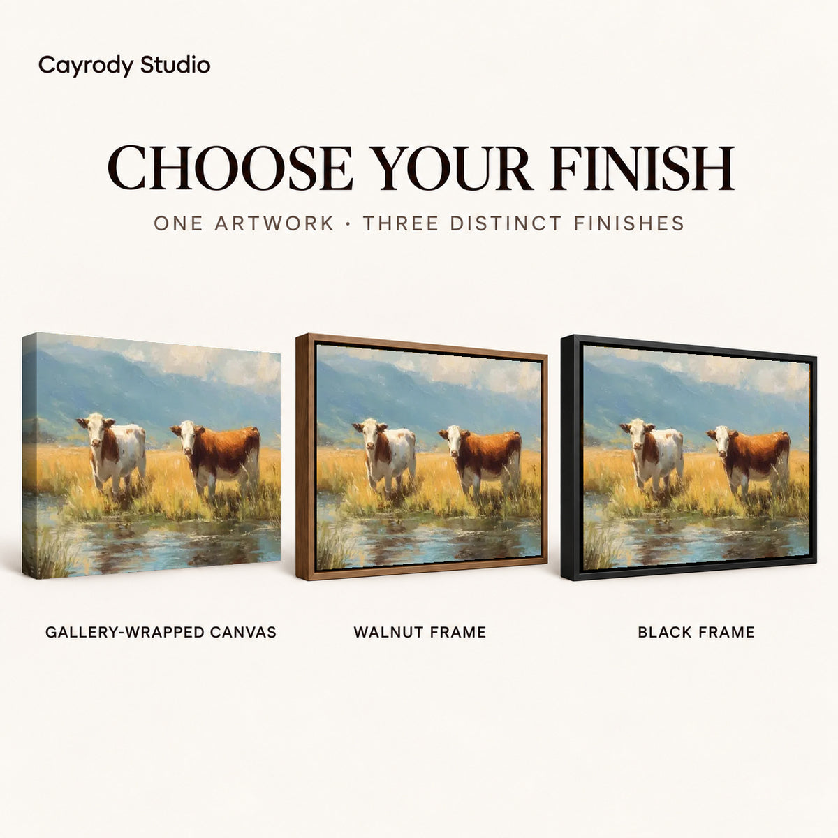 quiet meadow cows canvas art compared across gallery-wrapped canvas, walnut frame, and black frame finishes.