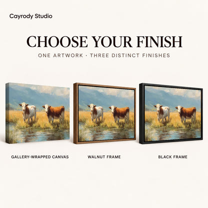 quiet meadow cows canvas art compared across gallery-wrapped canvas, walnut frame, and black frame finishes.