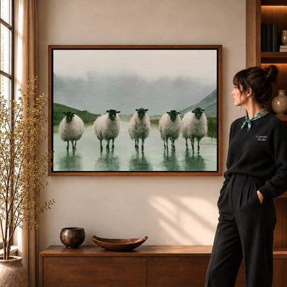 rainy valley sheep canvas art in a walnut frame beside a standing woman and wooden console.