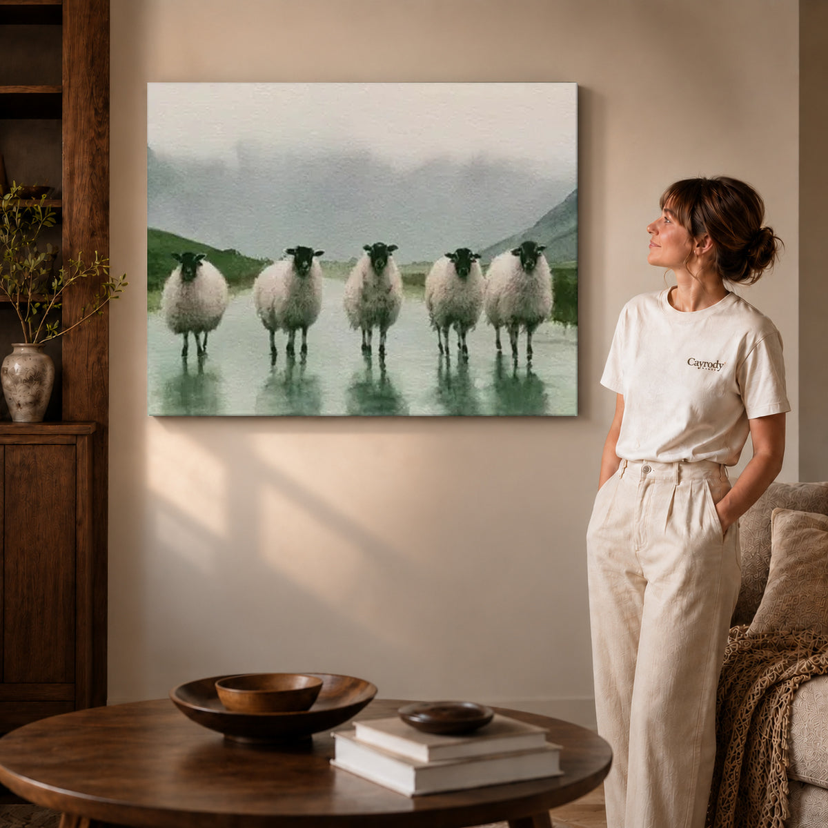 rainy valley sheep canvas art on gallery-wrapped canvas with visible edge depth beside a standing woman.