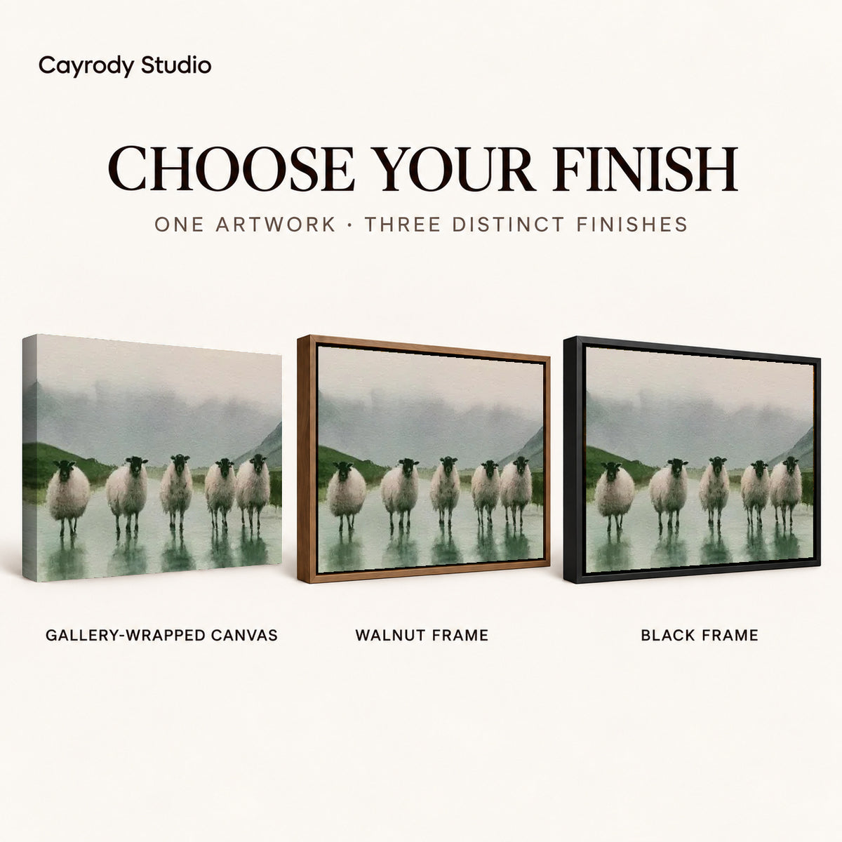 rainy valley sheep canvas art compared across gallery-wrapped canvas, walnut frame, and black frame finishes.