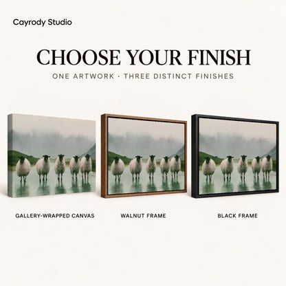 rainy valley sheep canvas art compared across gallery-wrapped canvas, walnut frame, and black frame finishes.