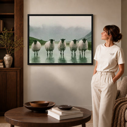 rainy valley sheep canvas art shown in the black frame option against a softly lit wall.