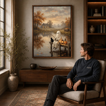 autumn fishing ghost canvas art in a walnut frame above a console beside a seated man.