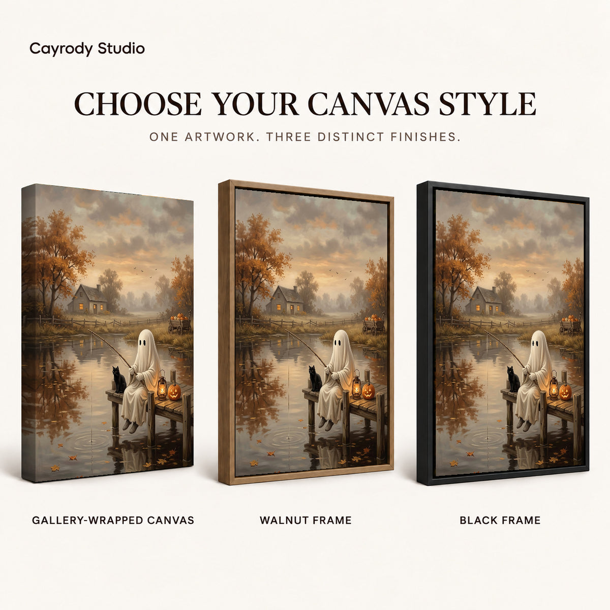 autumn fishing ghost canvas art compared across gallery-wrapped canvas, walnut frame, and black frame finishes.