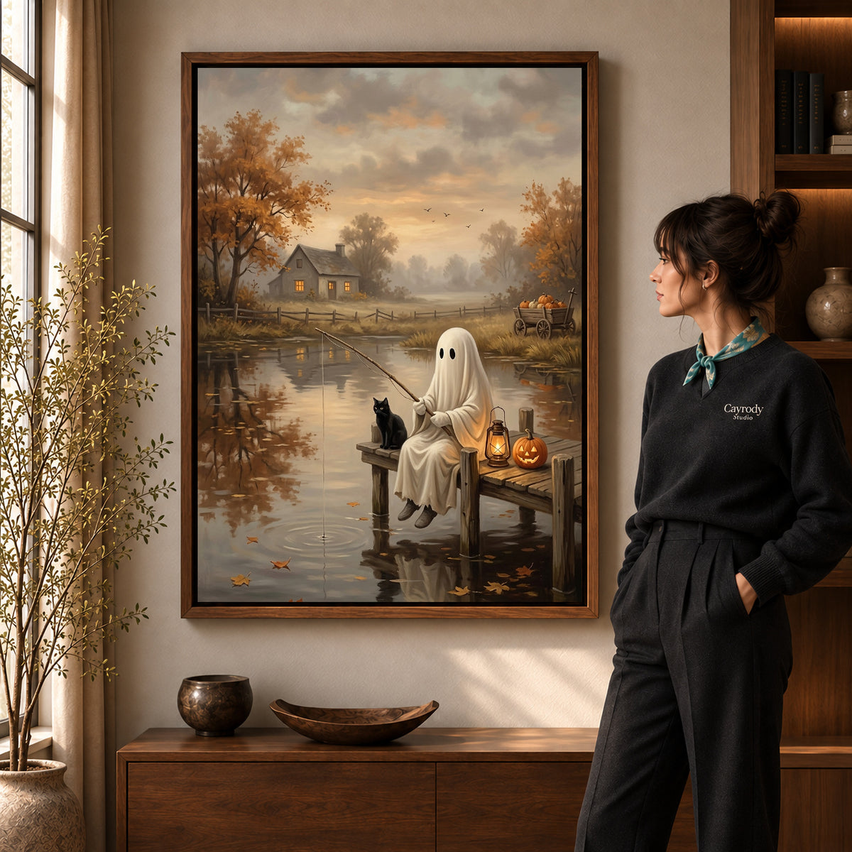 autumn fishing ghost canvas art shown in the walnut frame option within a warm living room.