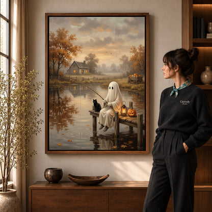 autumn fishing ghost canvas art shown in the walnut frame option within a warm living room.