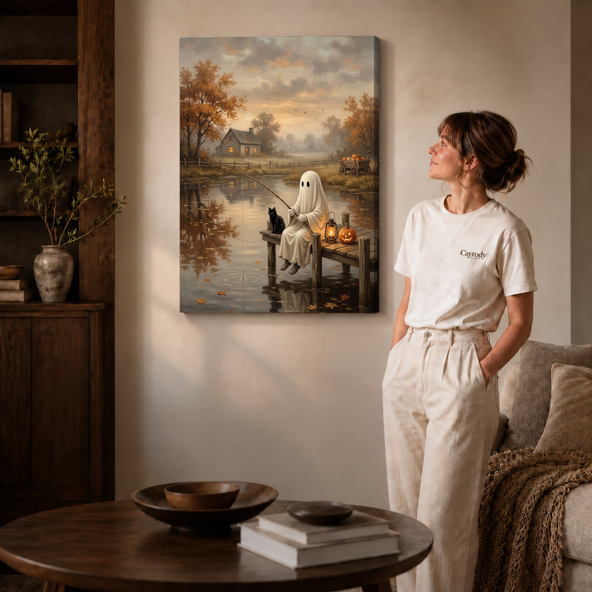 autumn fishing ghost canvas art shown in the gallery-wrapped option with visible depth and warm surroundings.