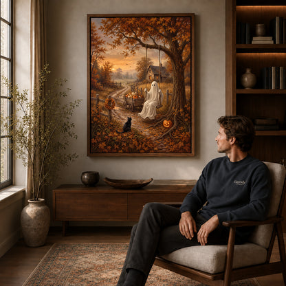 autumn ghost swing canvas art in a walnut frame above a console beside a seated man.