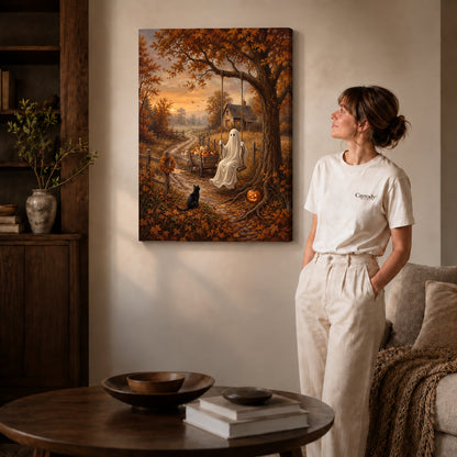autumn ghost swing canvas art on gallery-wrapped canvas with natural edge shading beside a standing woman.