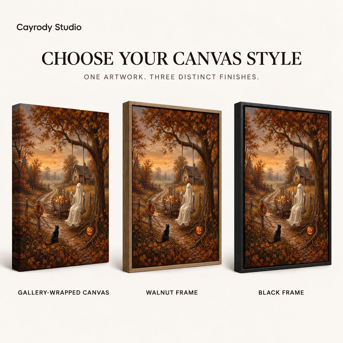 autumn ghost swing canvas art compared across gallery-wrapped canvas, walnut frame, and black frame finishes.