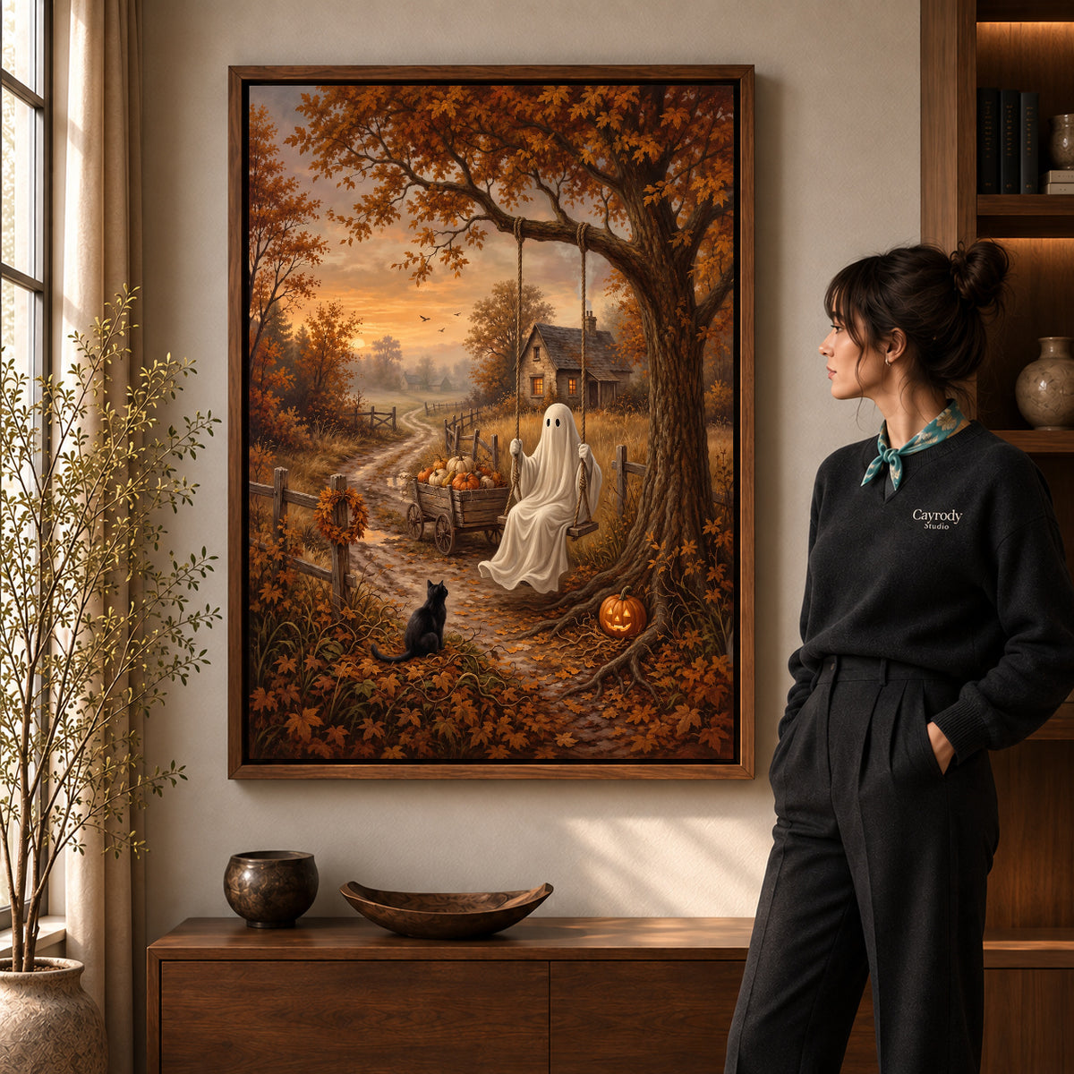 autumn ghost swing canvas art shown in the walnut frame option within a warm living room.