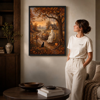 autumn ghost swing canvas art shown in the black frame option against a softly lit wall.
