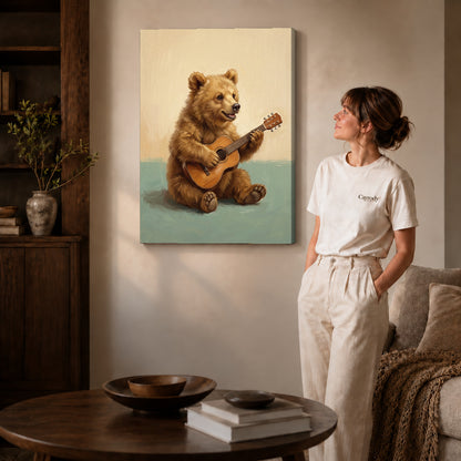 happy guitar bear canvas art on gallery-wrapped canvas with natural edge shading beside a standing woman.