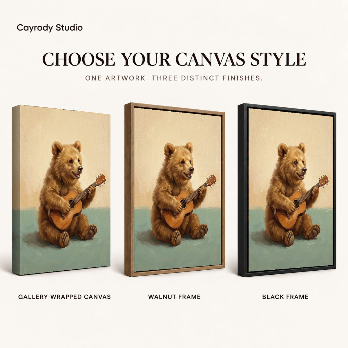 happy guitar bear canvas art compared across gallery-wrapped canvas, walnut frame, and black frame finishes.