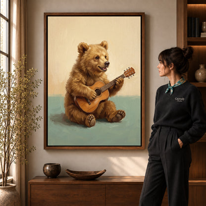 happy guitar bear canvas art shown in the walnut frame option within a warm living room.