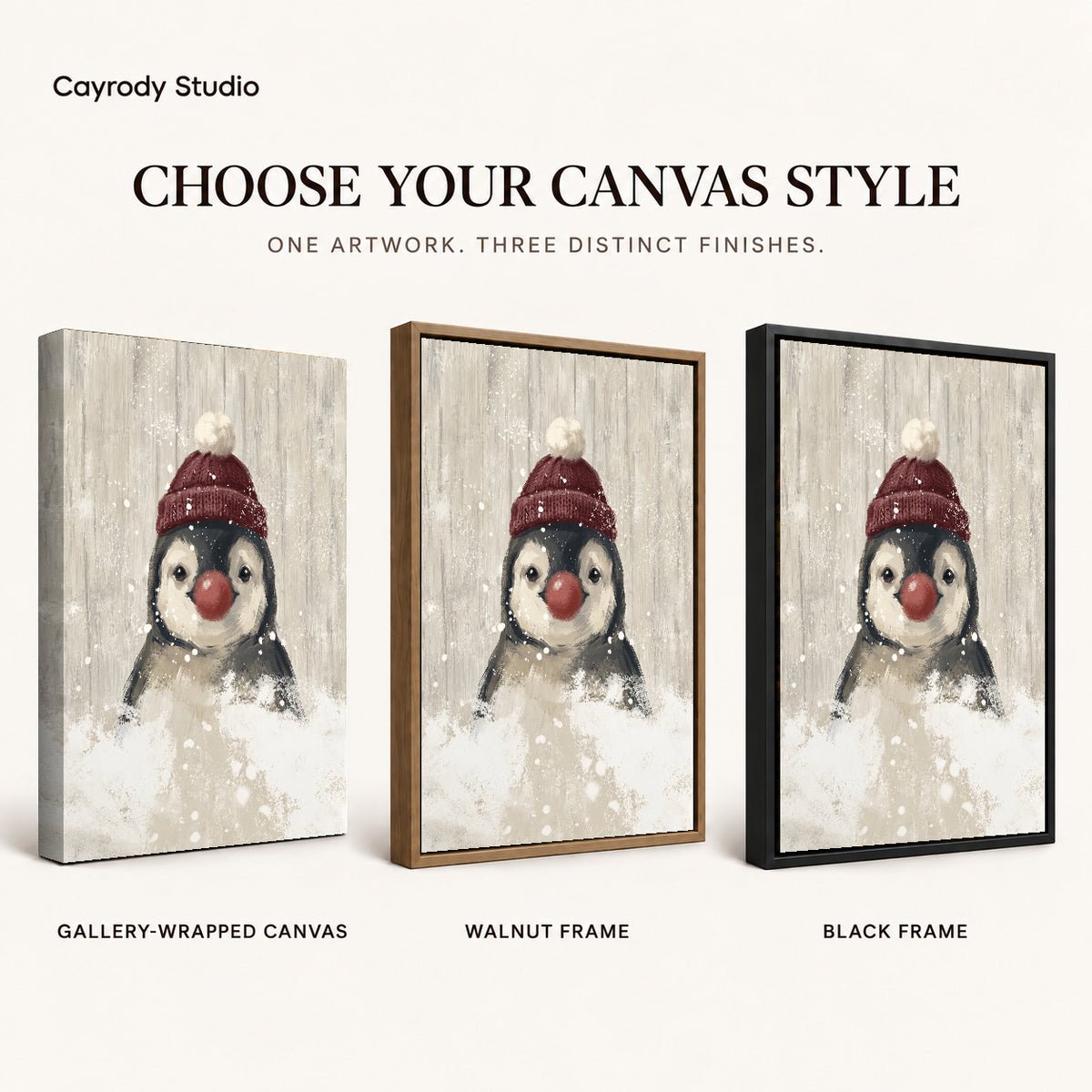 snowy penguin companion canvas art compared across gallery-wrapped canvas, walnut frame, and black frame finishes.