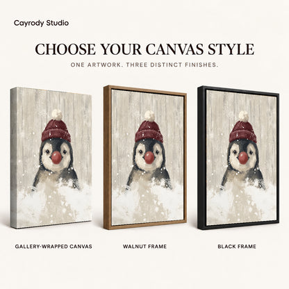 snowy penguin companion canvas art compared across gallery-wrapped canvas, walnut frame, and black frame finishes.