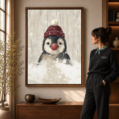 snowy penguin companion canvas art shown in the walnut frame option within a warm living room.