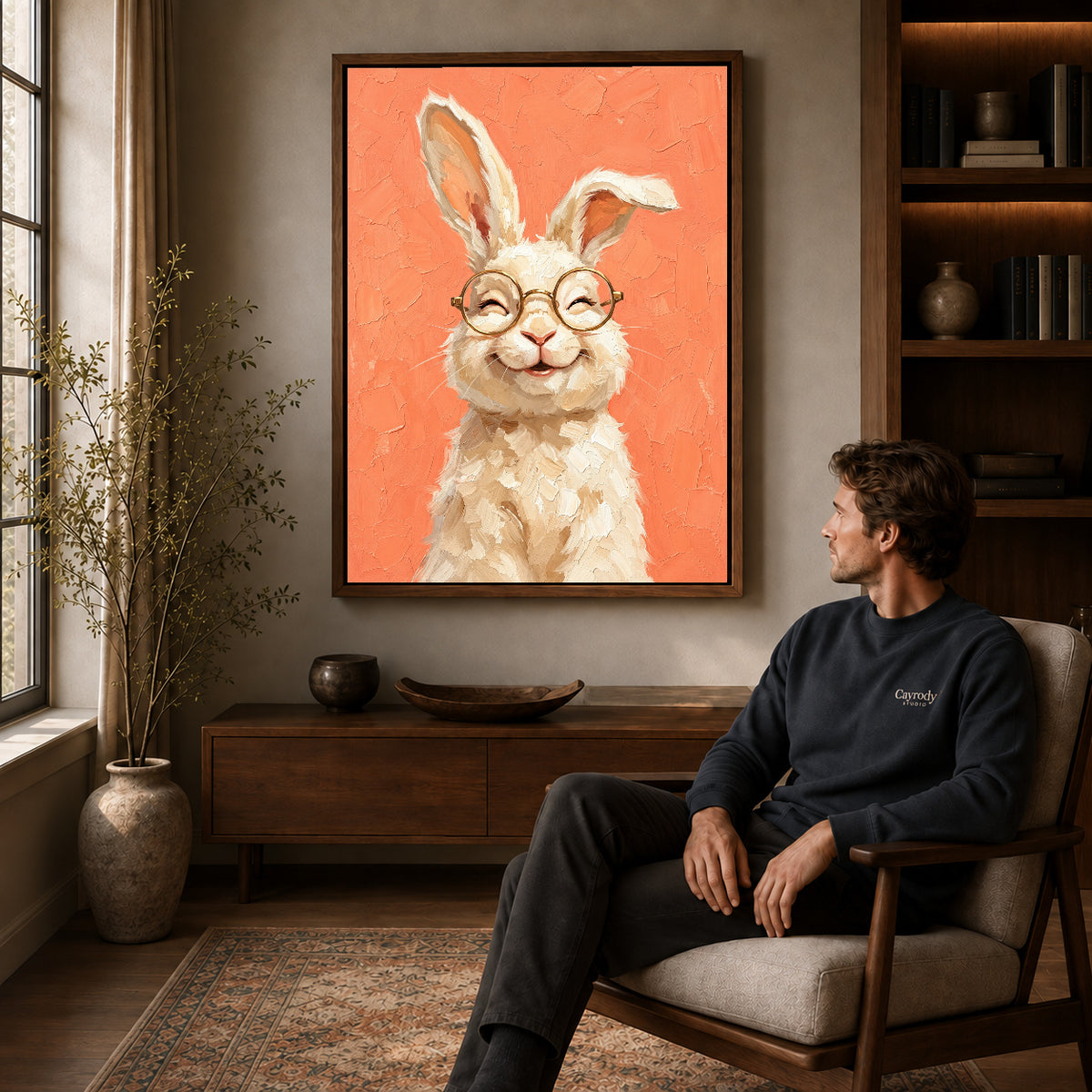 laughing rabbit portrait canvas art in a walnut frame above a console beside a seated man.