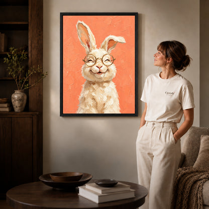 laughing rabbit portrait canvas art in a black frame beside a woman and round wooden table.