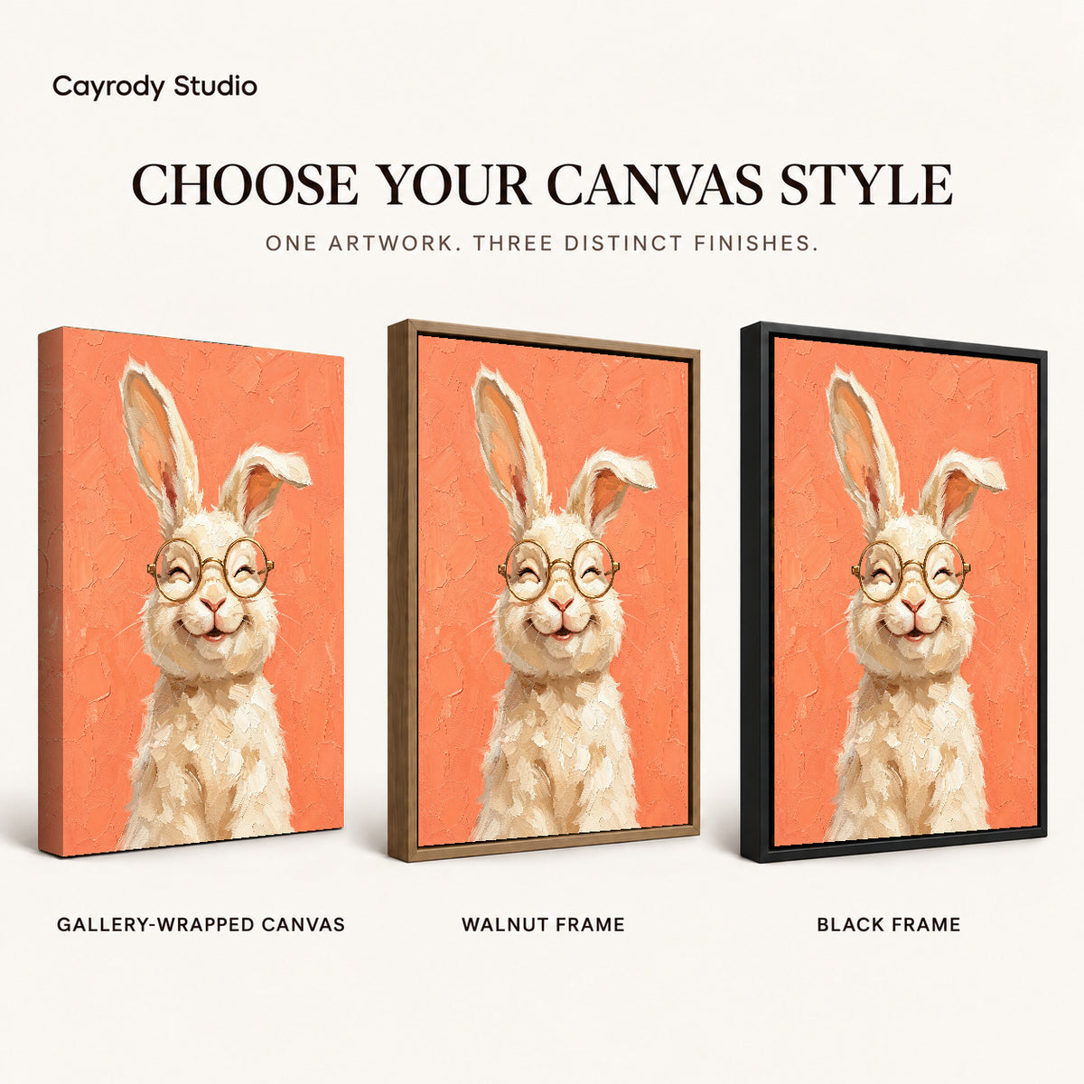 laughing rabbit portrait canvas art compared across gallery-wrapped canvas, walnut frame, and black frame finishes.