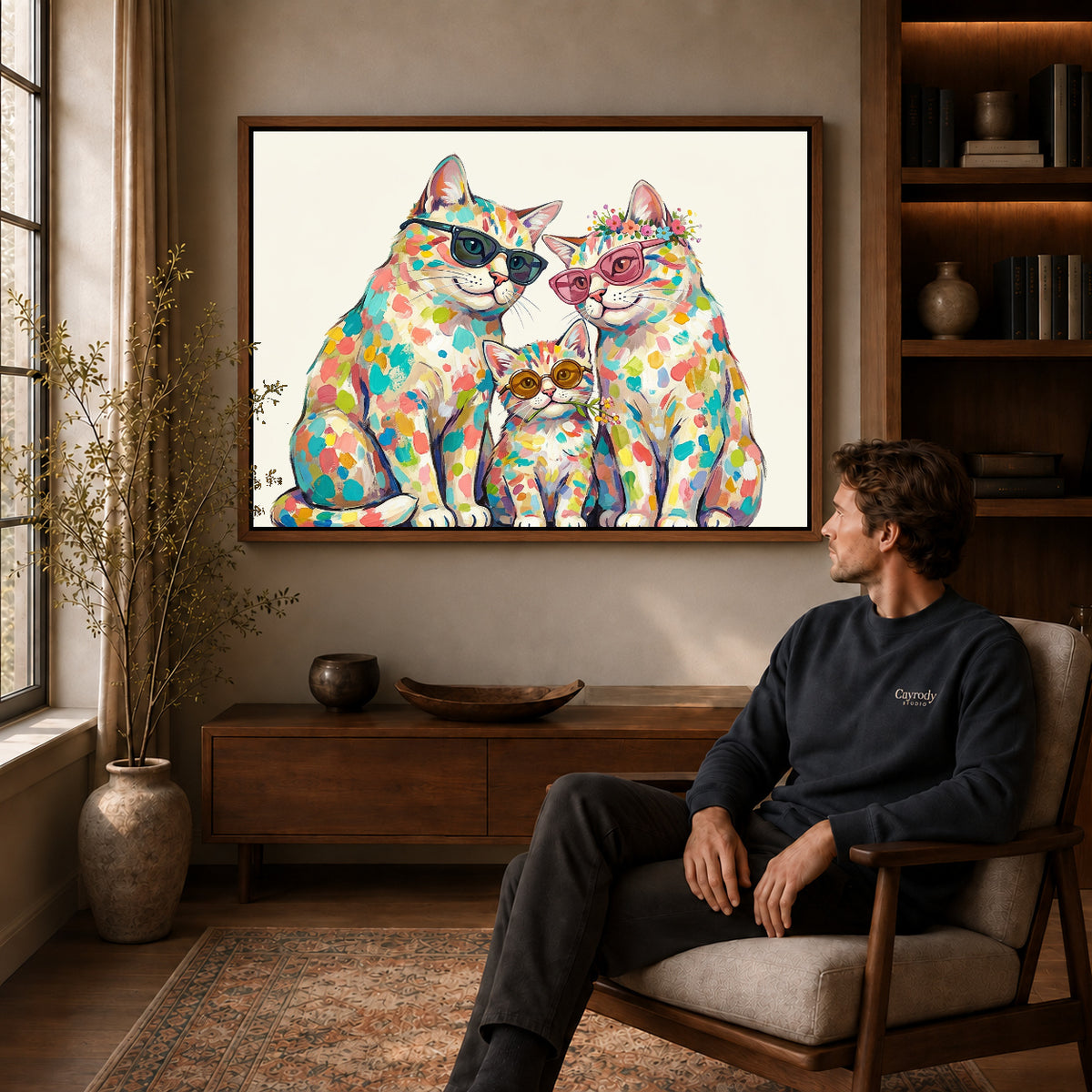 colorful cat family canvas art in a walnut frame above a console beside a seated man.