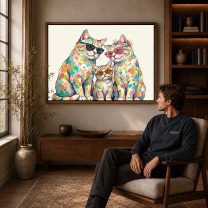 colorful cat family canvas art in a walnut frame above a console beside a seated man.