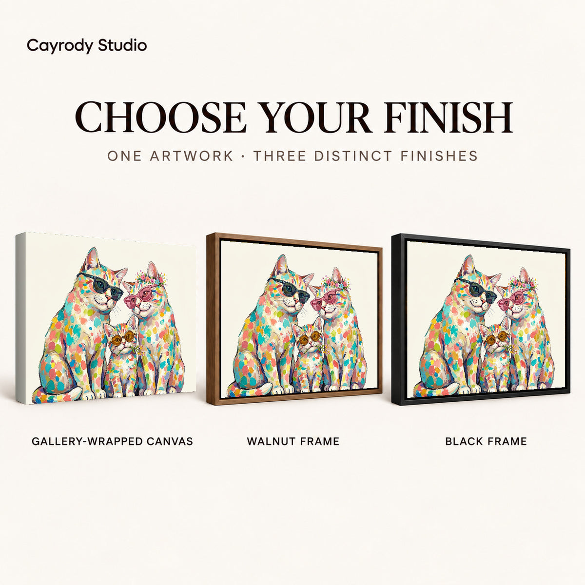colorful cat family canvas art compared across gallery-wrapped canvas, walnut frame, and black frame finishes.