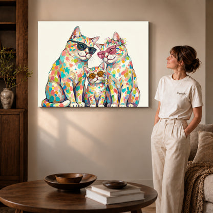 colorful cat family canvas art shown in the gallery-wrapped option with natural side shading and warm surroundings.