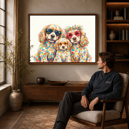 colorful spaniel family canvas art in a walnut frame above a console beside a seated man.