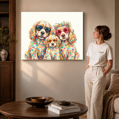 colorful spaniel family canvas art on gallery-wrapped canvas with visible edge depth beside a standing woman.