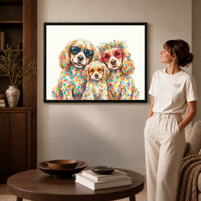 colorful spaniel family canvas art in a black frame beside a woman and round wooden table.