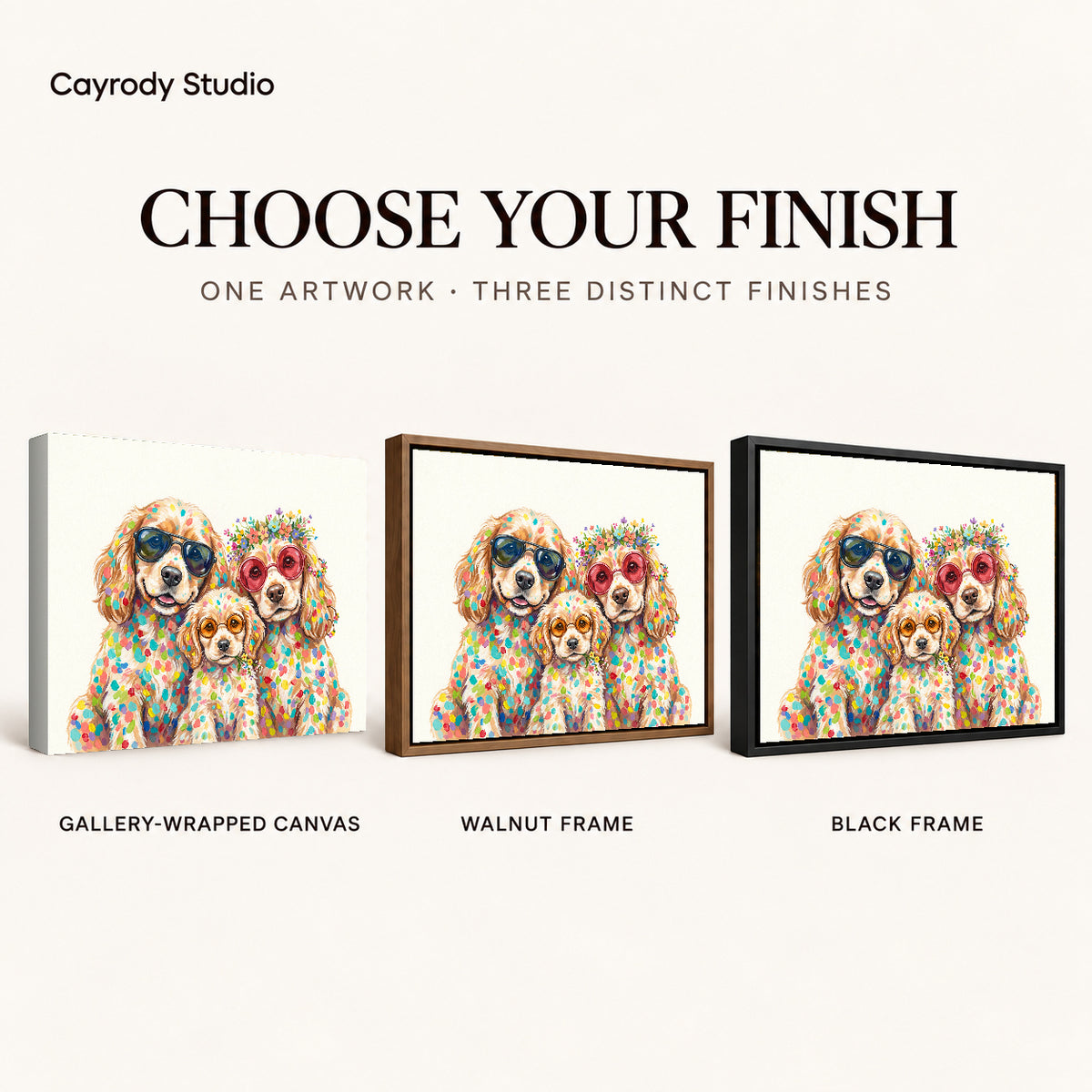 colorful spaniel family canvas art compared across gallery-wrapped canvas, walnut frame, and black frame finishes.