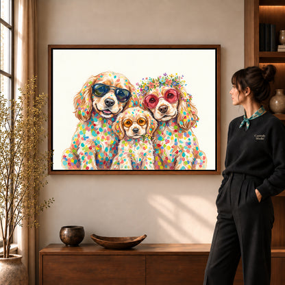 colorful spaniel family canvas art shown in the walnut frame option within a warm living room.
