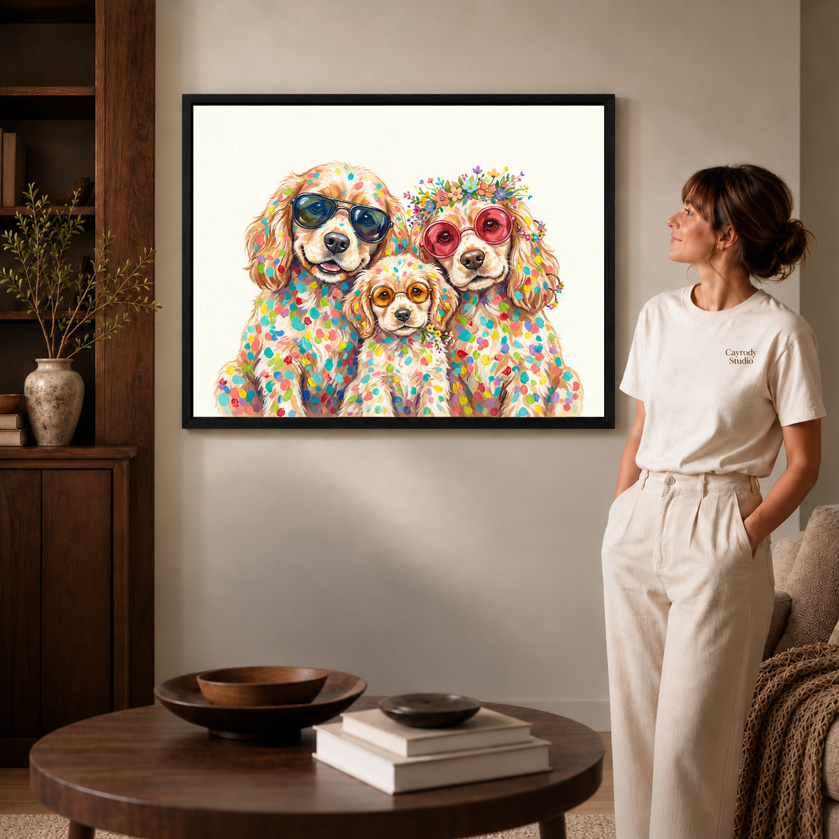 colorful spaniel family canvas art shown in the black frame option against a softly lit wall.