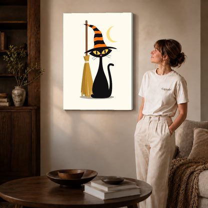 striped hat cat canvas art on gallery-wrapped canvas with natural edge shading beside a standing woman.