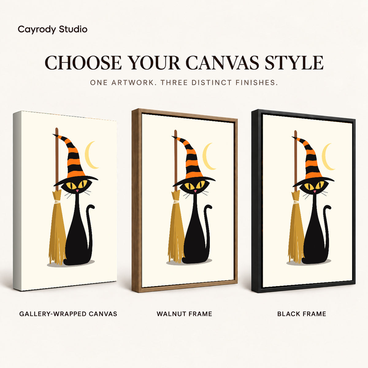 striped hat cat canvas art compared across gallery-wrapped canvas, walnut frame, and black frame finishes.