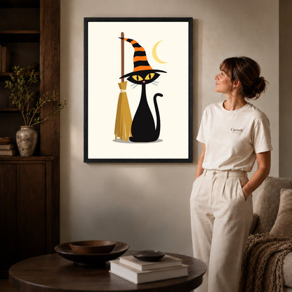 striped hat cat canvas art shown in the black frame option against a softly lit wall.