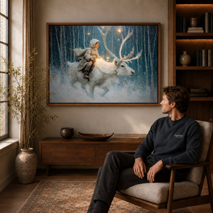 winter reindeer journey canvas art in a walnut frame above a console beside a seated man.
