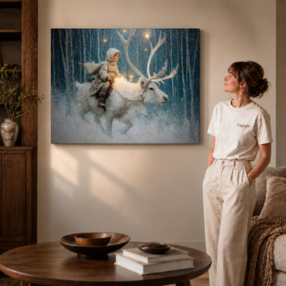 winter reindeer journey canvas art on gallery-wrapped canvas with visible edge depth beside a standing woman.