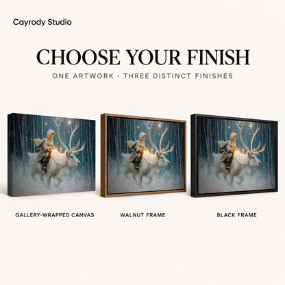 winter reindeer journey canvas art compared across gallery-wrapped canvas, walnut frame, and black frame finishes.
